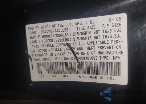 2005 Honda Cr-V Ex z USA, uszkodzony, nr VIN SHSRD78845U341093